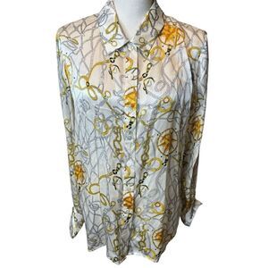 Vintage HALSTON Women’s 100% Silk Blouse  Chain Sun Sz 12 Mother Of Pearl Button